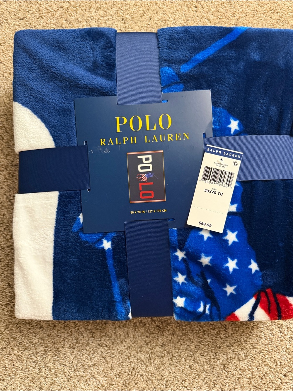 Ralph Lauren Navy Blue White Stars Plush Throw Blanket